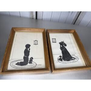 Vintage Silhouette Girl And Boy Nighttime Prayers Praying Religious Decor Framed